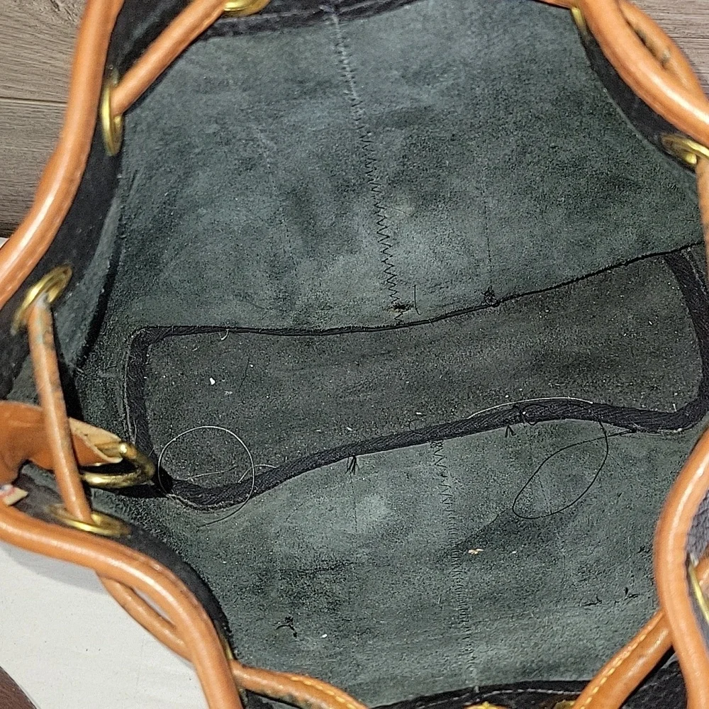 Vintage Dooney & Bourke Black and Tan Pebble Leather Drawstring Bag